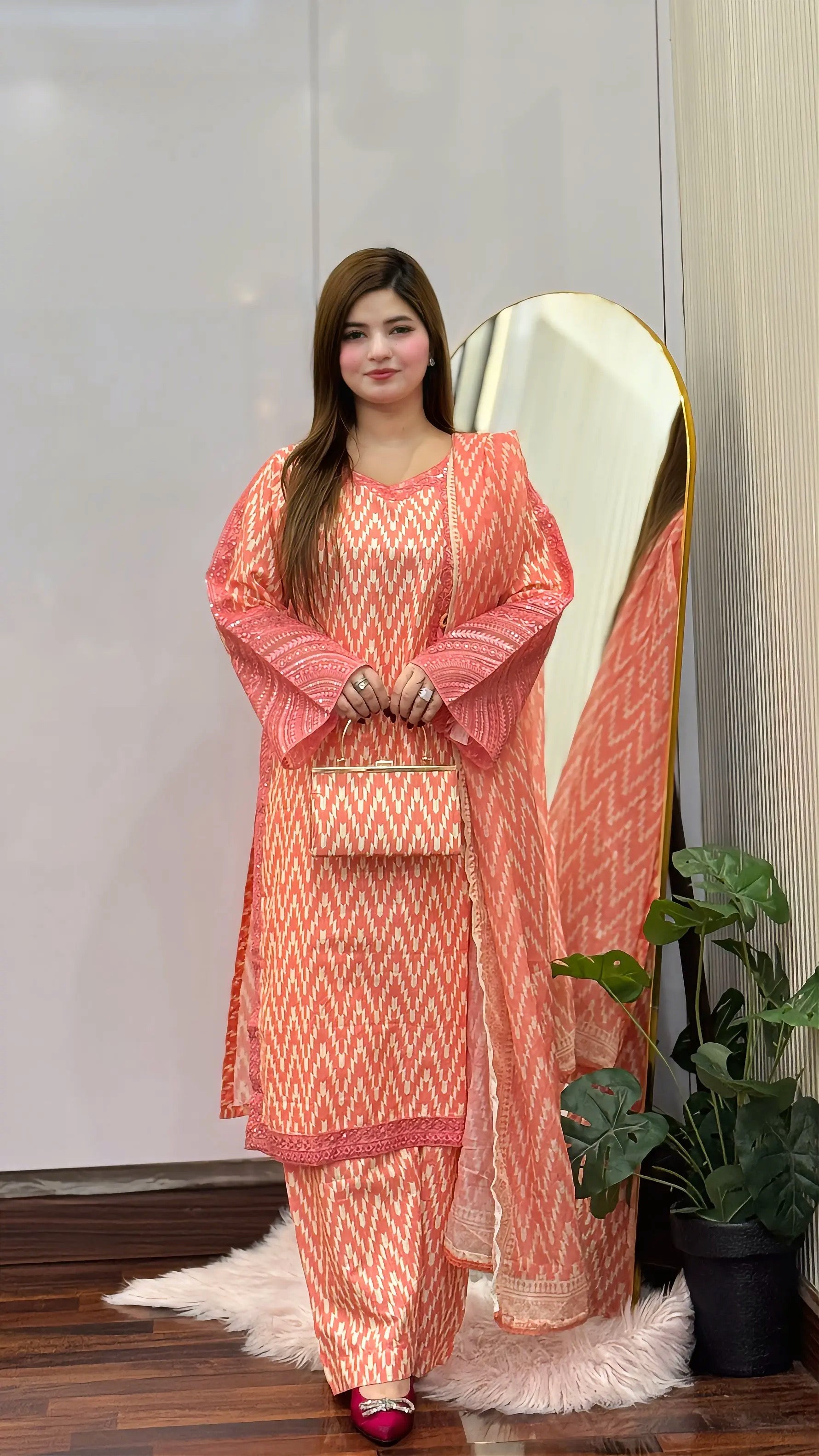 Veloura Peach 3PC With Free Hand Bag - Grace Stitch 