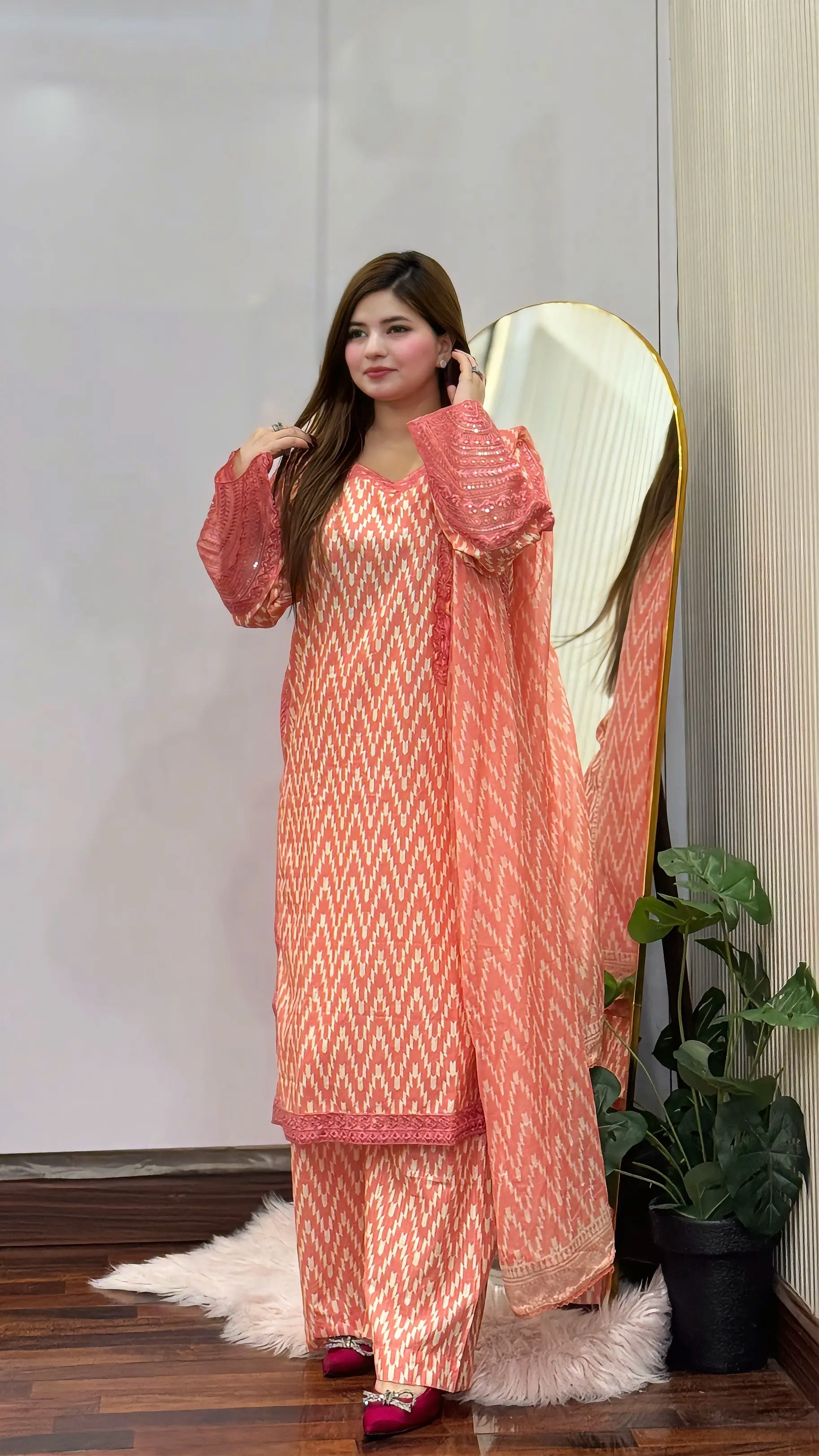 Veloura Peach 3PC With Free Hand Bag - Grace Stitch 